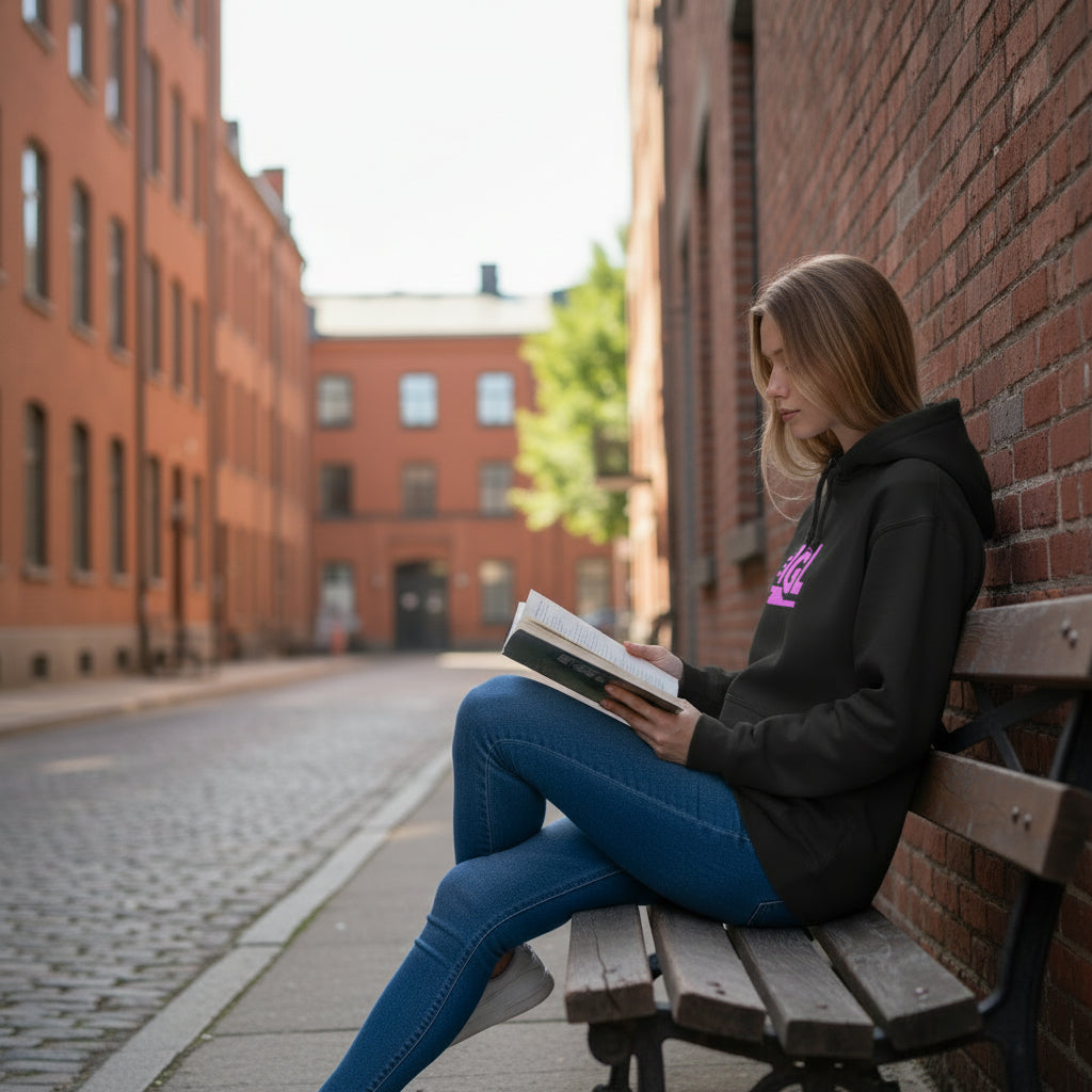 Leyendo en la calle con poleron hoodie negro igl