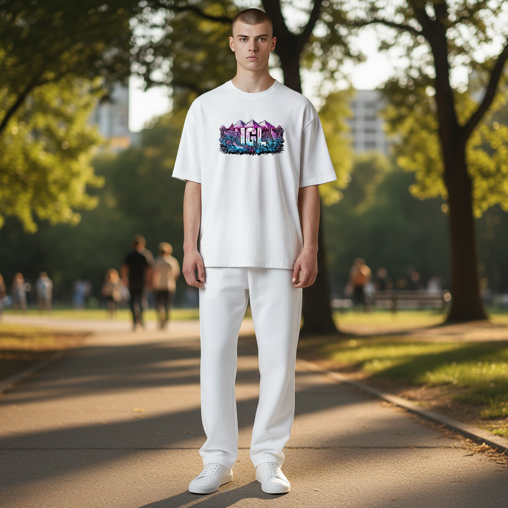 Foto de hombre con su polera blanca igl de frente en el parque
