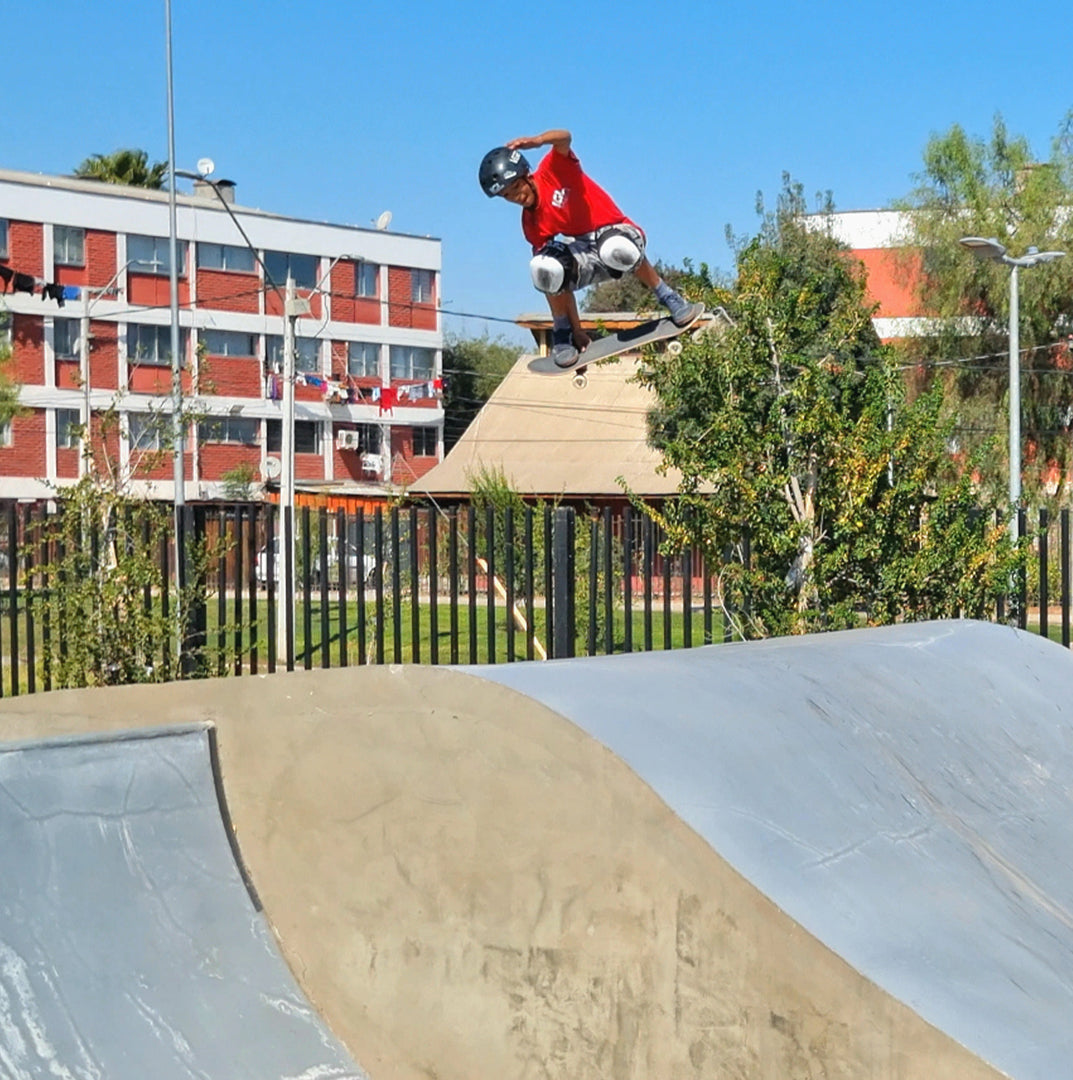 Skate tabla igl andando en el skatepark de concreto con arboles de fondo