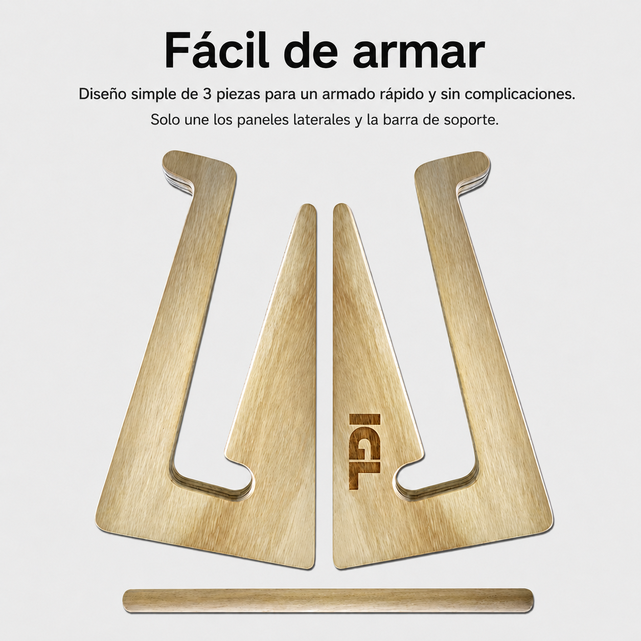 soporte de madera para laptop de tres piezas armables con fondo blanco
