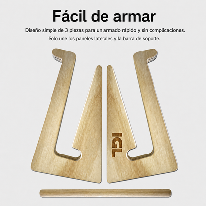 soporte de madera para laptop de tres piezas armables con fondo blanco