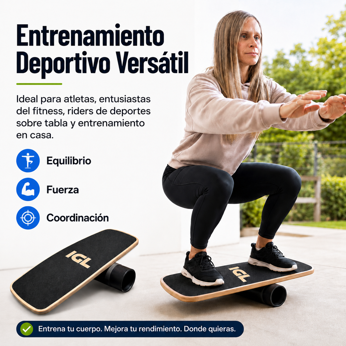entrenando en casa con tabla de equilibrio realizando ejercicio