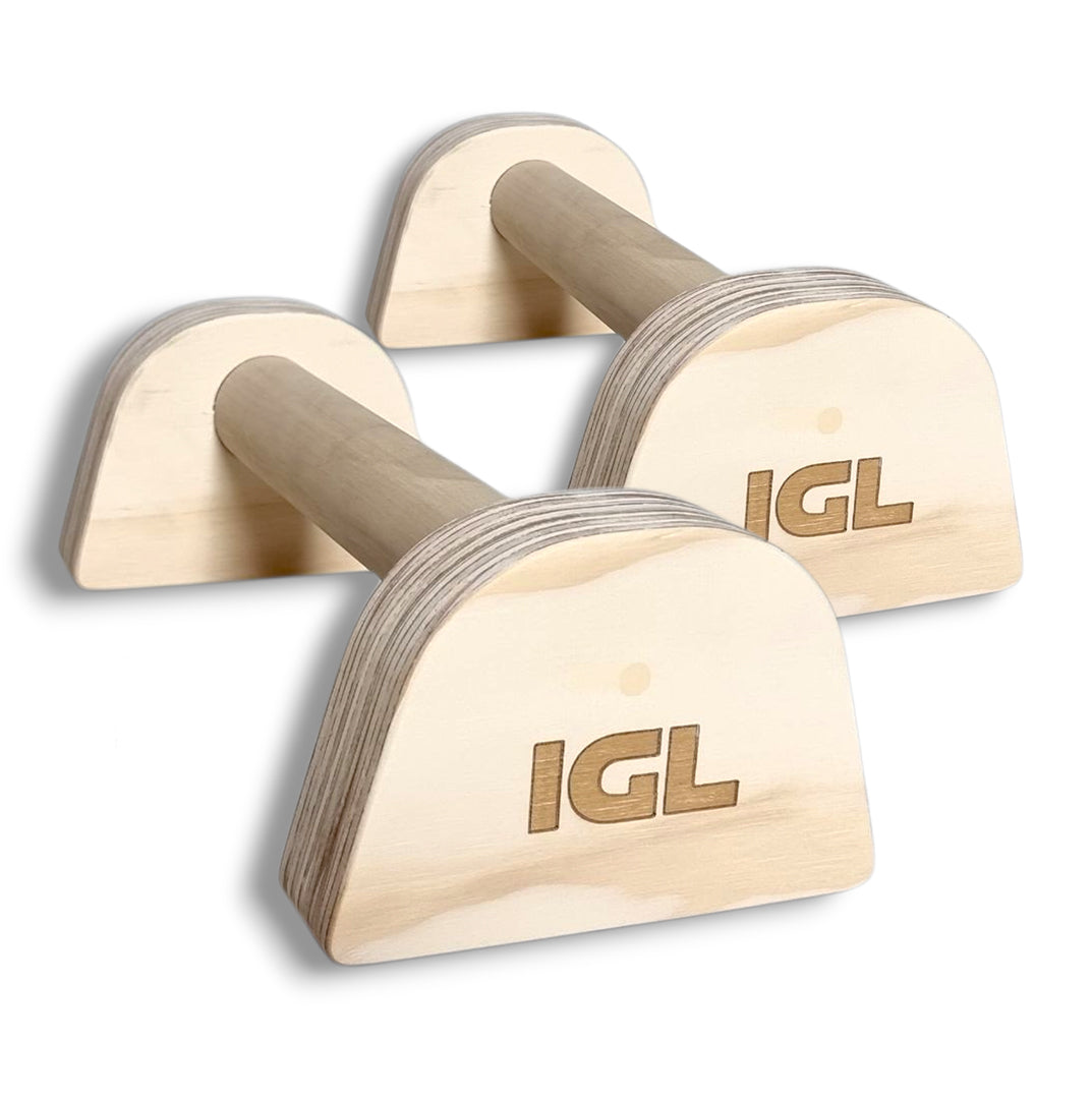 Mini paralelas de madera para calistenia marca IGL, ideales para handstand y ejercicios de empuje.