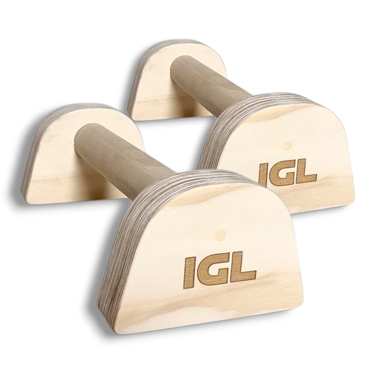 Mini paralelas de madera para calistenia marca IGL, ideales para handstand y ejercicios de empuje.