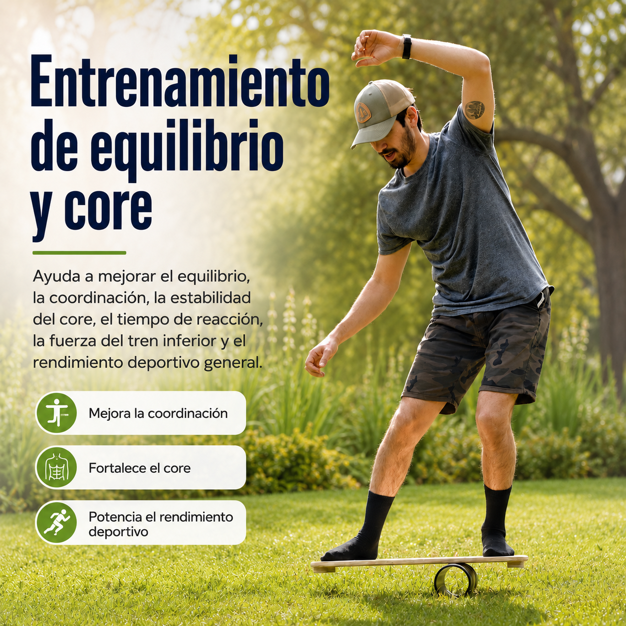 Entrenando en el jardin con balance board para fortalecer y mejorar la coordinación