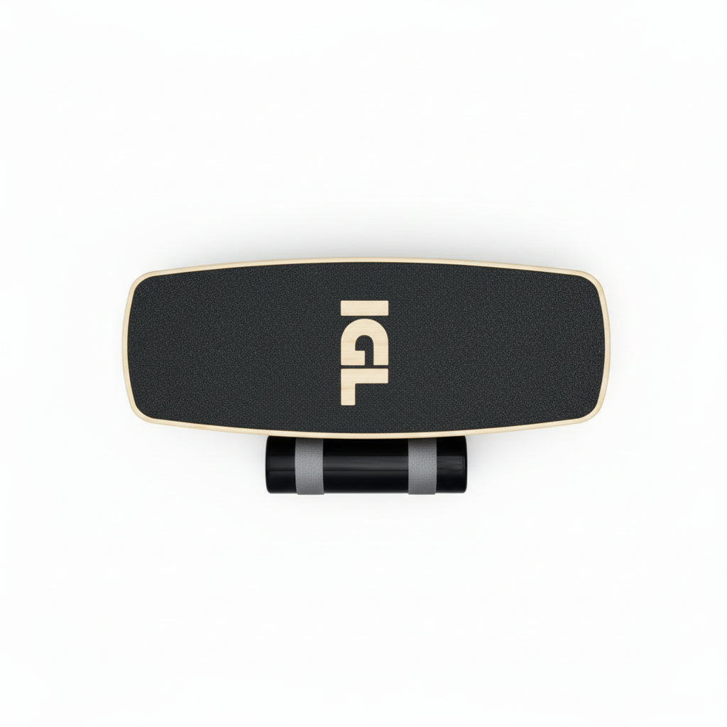 Tabla de equilibrio negra con logo igl y tubo vista desde arriba
