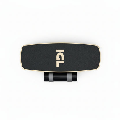 Tabla de equilibrio negra con logo igl y tubo vista desde arriba