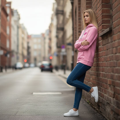 Afirmada a la pared con su poleron hoodie rosa