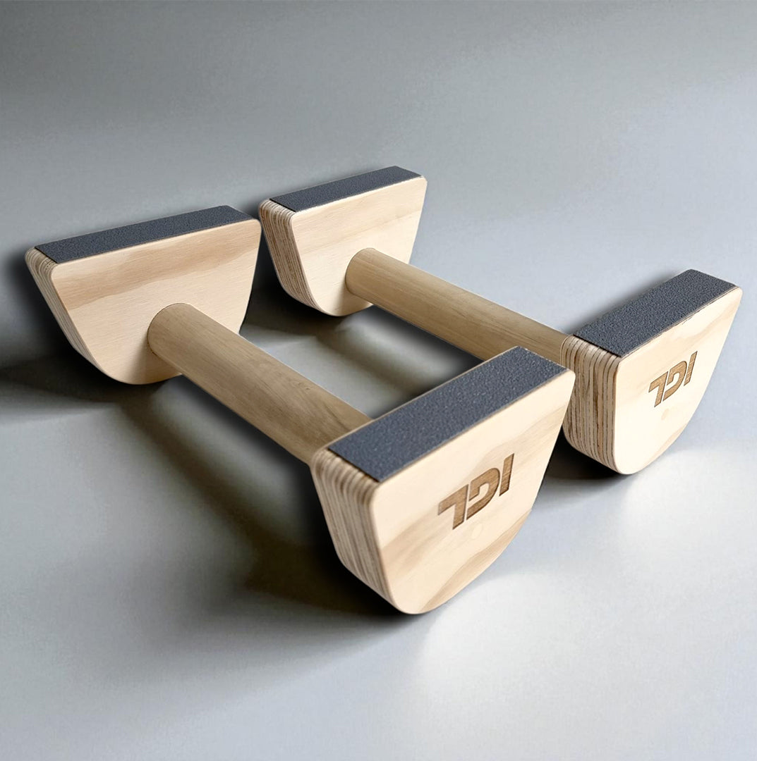 Mini paralelas portátiles de madera natural IGL, perfectas para calistenia, push ups y entrenamiento en casa.