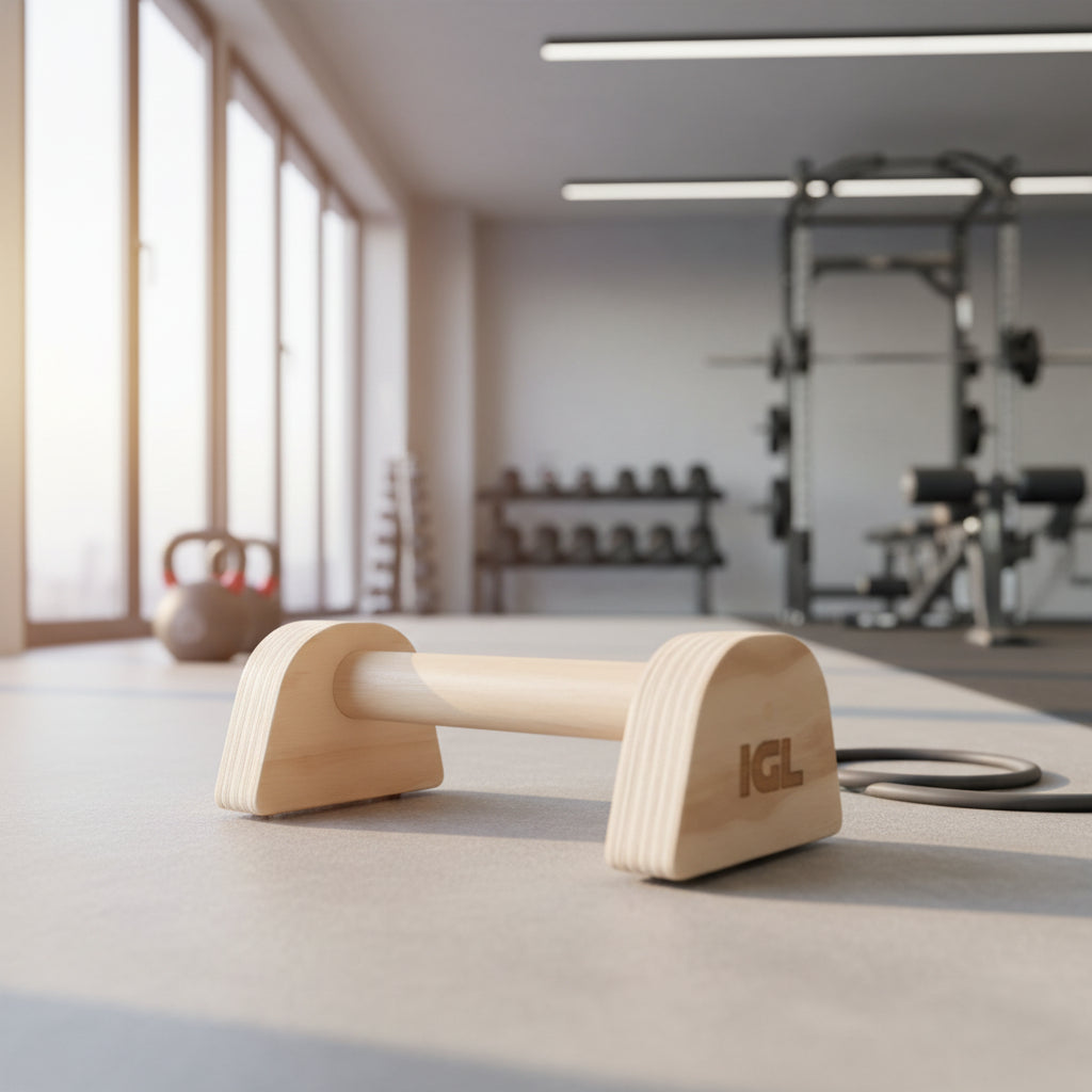 Mini paralela de madera en el suelo de gimnasio