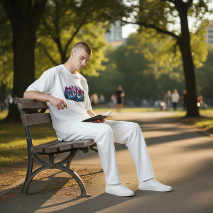 Sentado leyendo con su polera blanca igl