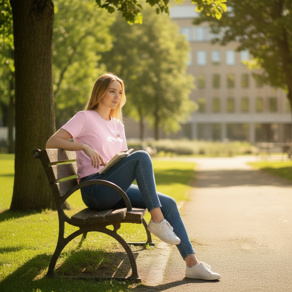 Sentada posando en el parque con polera rosa igl y blue jeans