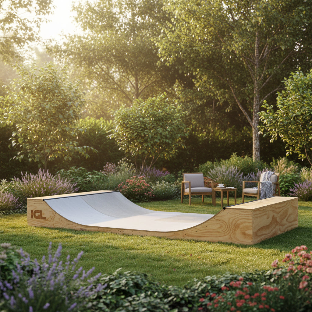 Rampa para practicar skate de madera en jardin de una casa sobre el pasto