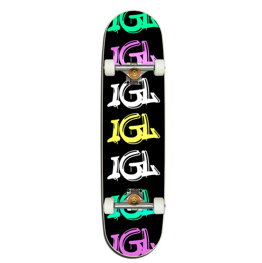 Tabla de skate completa de color negro con graffiti igl