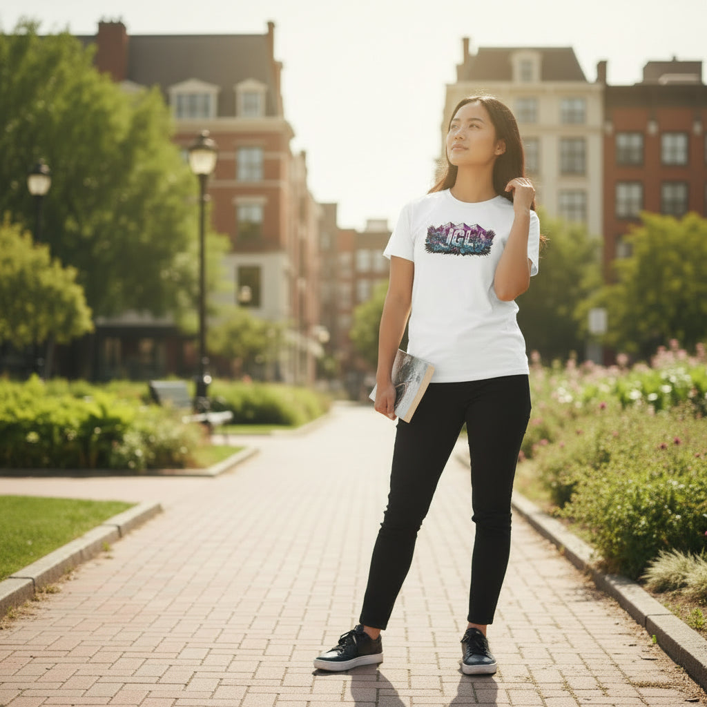Foto de mujer con su polera blanca y libro