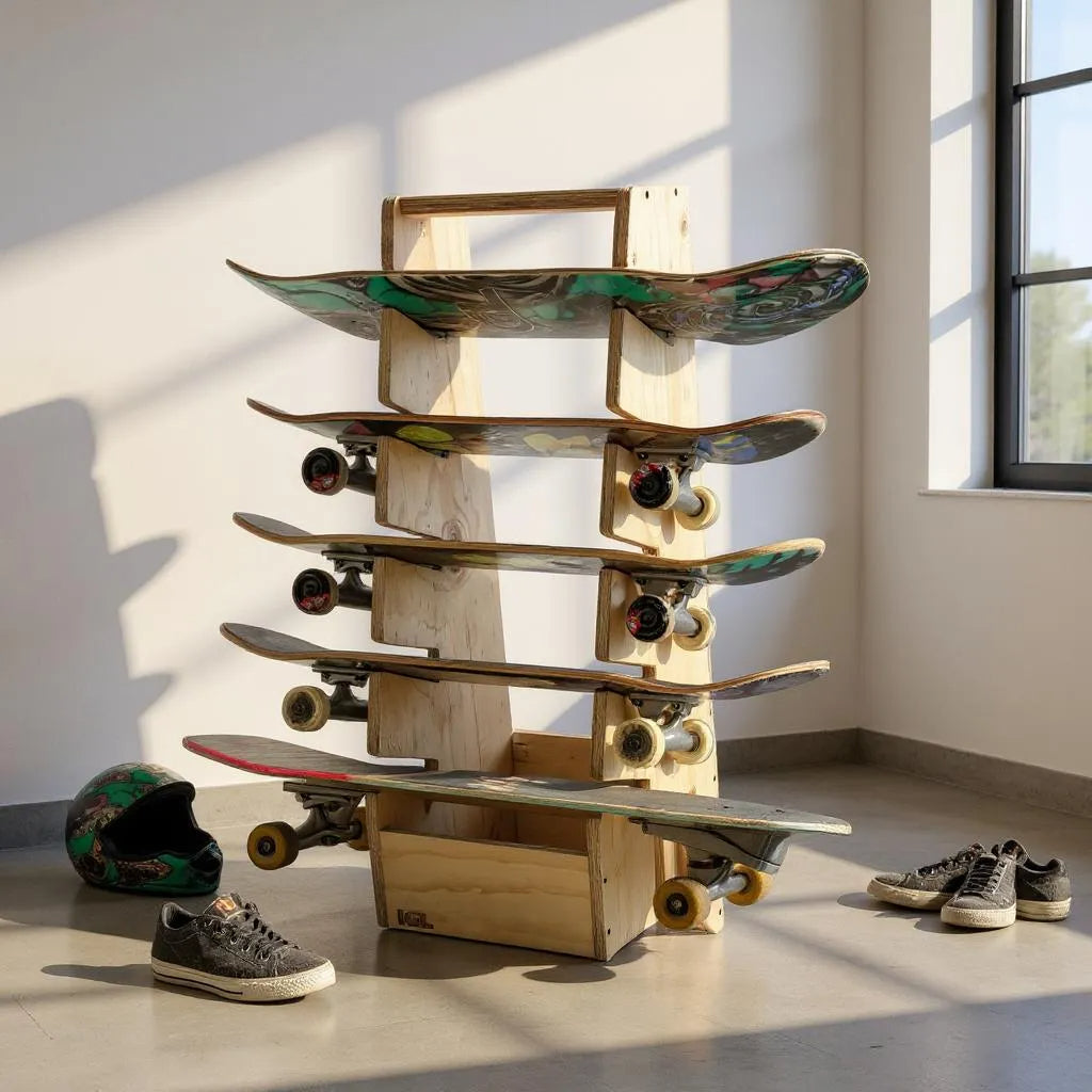 Skates sobre rack de madera para organizar tablas