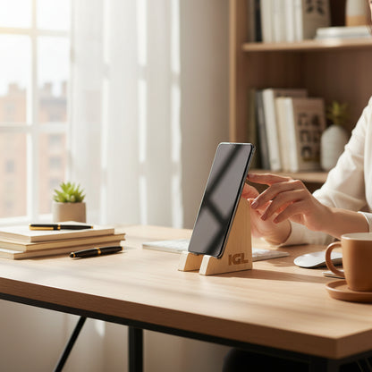 Soporte de madera igl para el celular sobre escritorio junto al cafe y libros