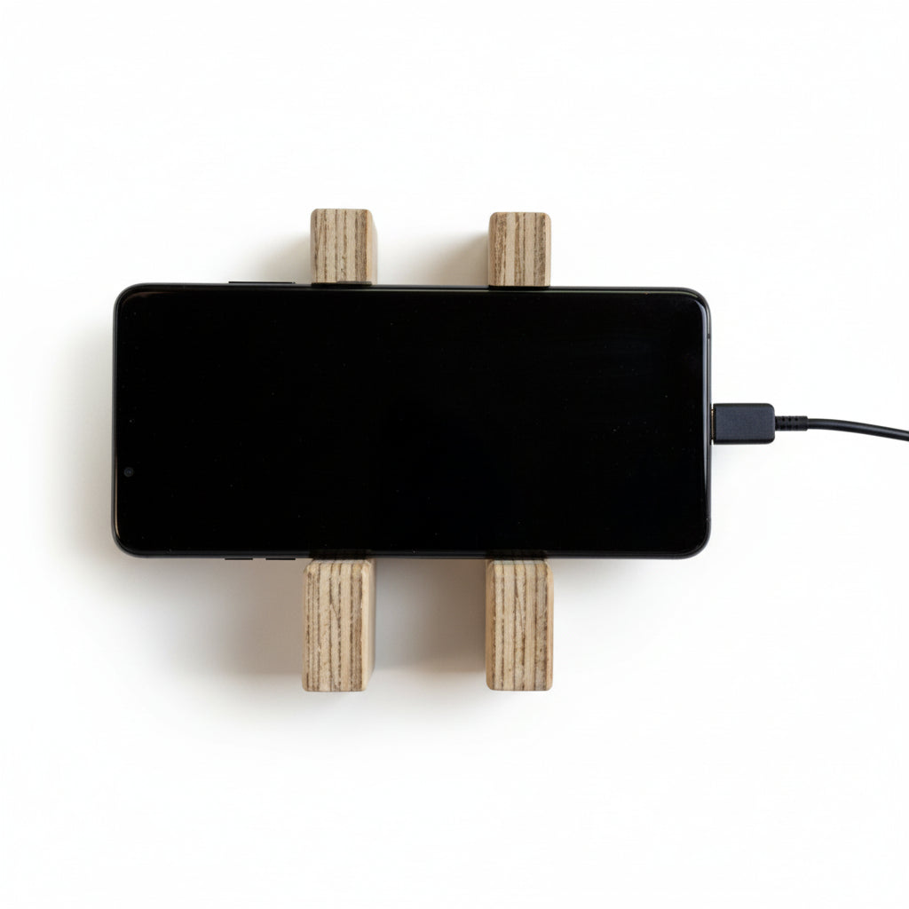 Vista frontal de soporte para celular de madera