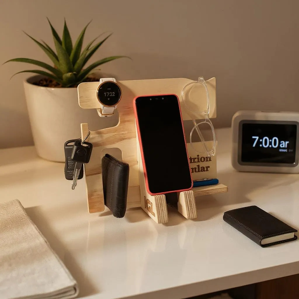 Soporte de madera para cosas personales sobre escritorio