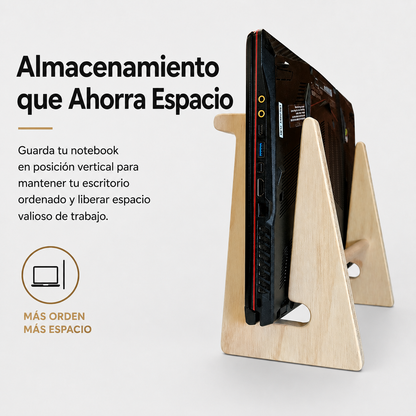 notebook almacenado de forma vertical con el soporte para notebook de madera