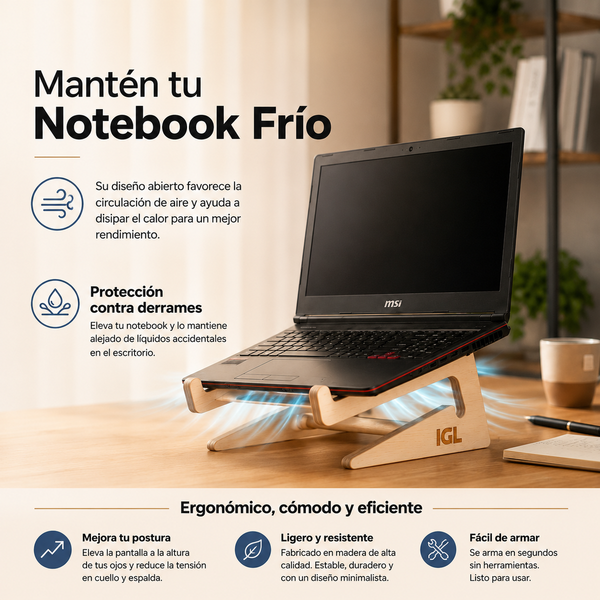 soporte para notebook sobre mesa y mantienen notebook frio
