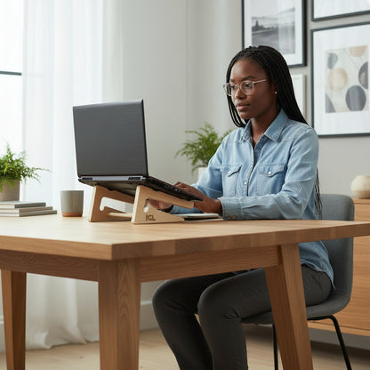 Soporte para notebook usandose para trabajar sobre escritorio