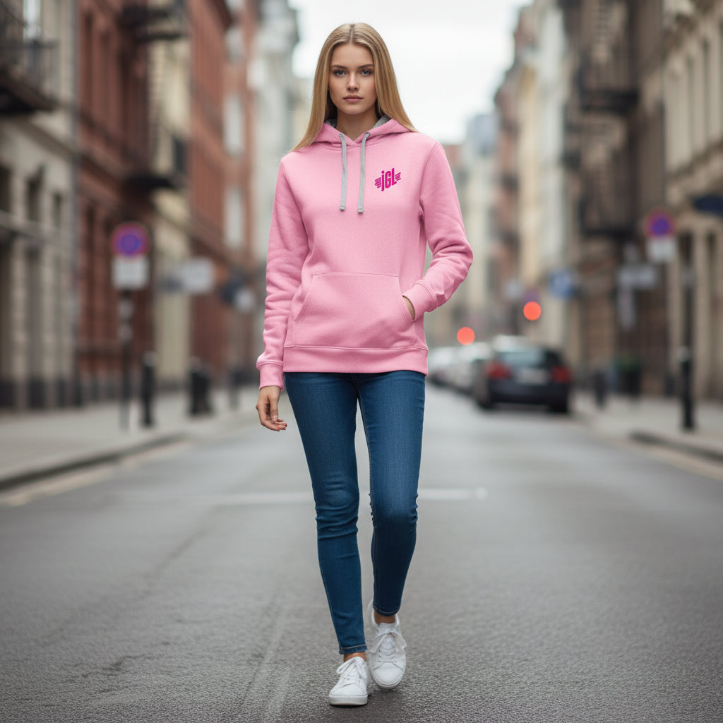 Vestida con poleron skate rosa igl